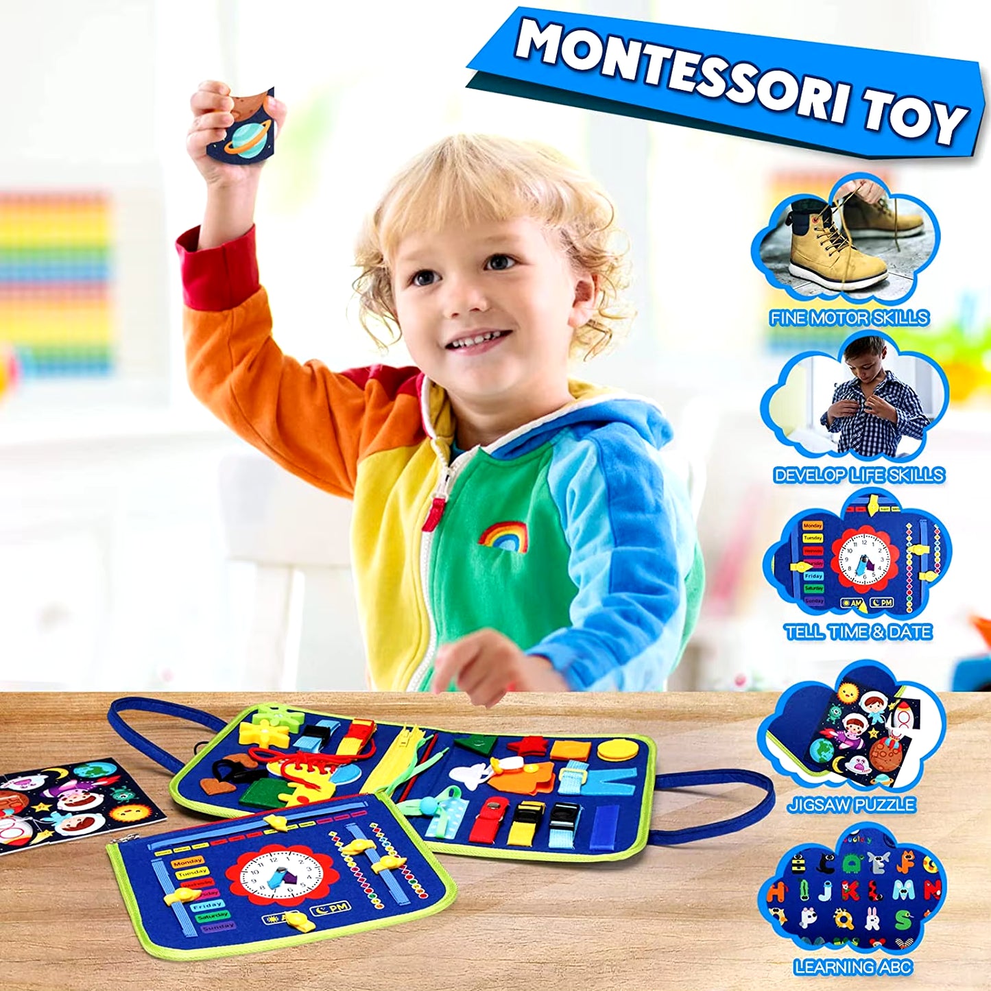 Montessori Busy Board Educational Activity Developing Sensory Board Fine Basic Dress Motor Skills Travel Toy Gift for Boys Girls