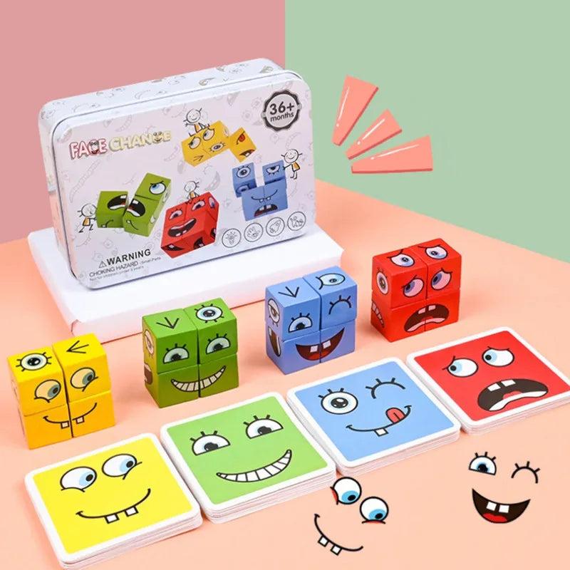 Cube Face Change Building Blocks Board Game Wood Puzzle Montessori Expression Wooden Blocks Blocos for Children Kids Toys Gift