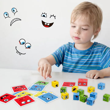 Cube Face Change Building Blocks Board Game Wood Puzzle Montessori Expression Wooden Blocks Blocos for Children Kids Toys Gift